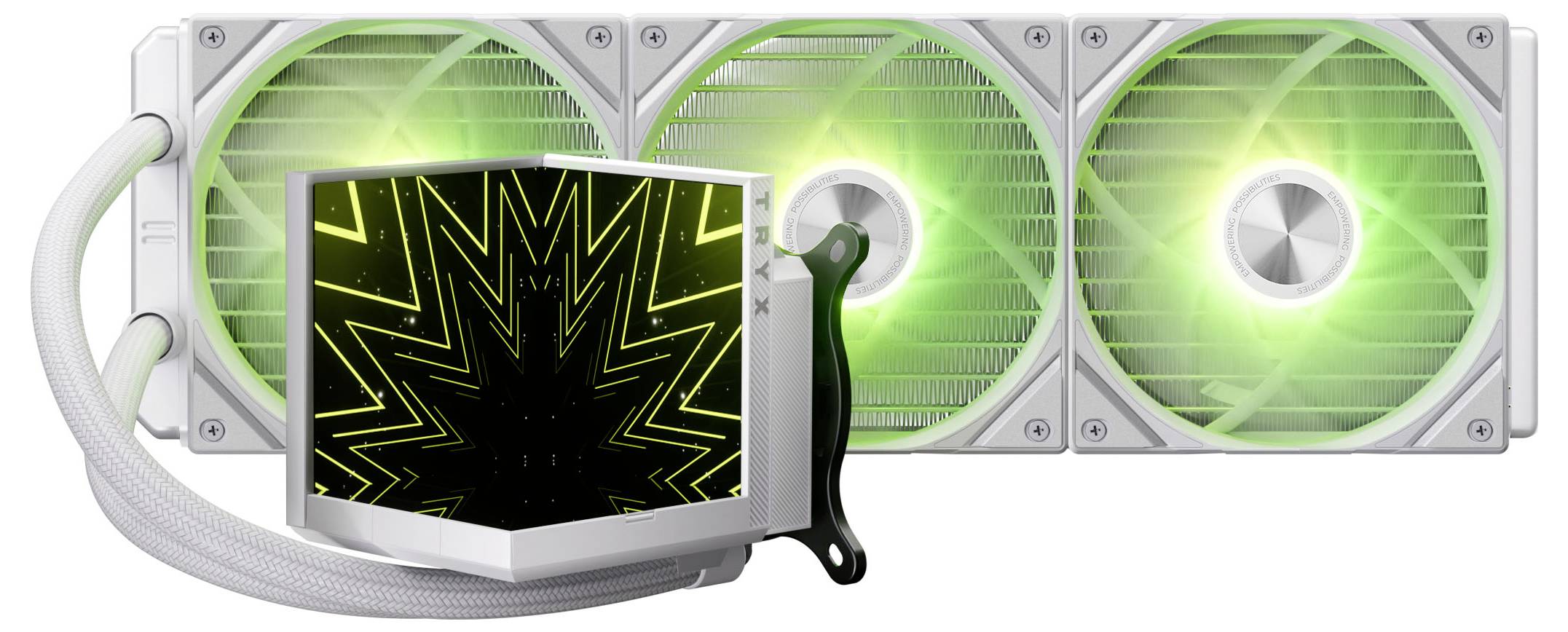 Biely počítačový chladiaci radiátor s tromi žiarivými zelenými ventilátorom, pripojený bielou pletencovou trubicou k futuristickému, odrazivému CPU bloku.