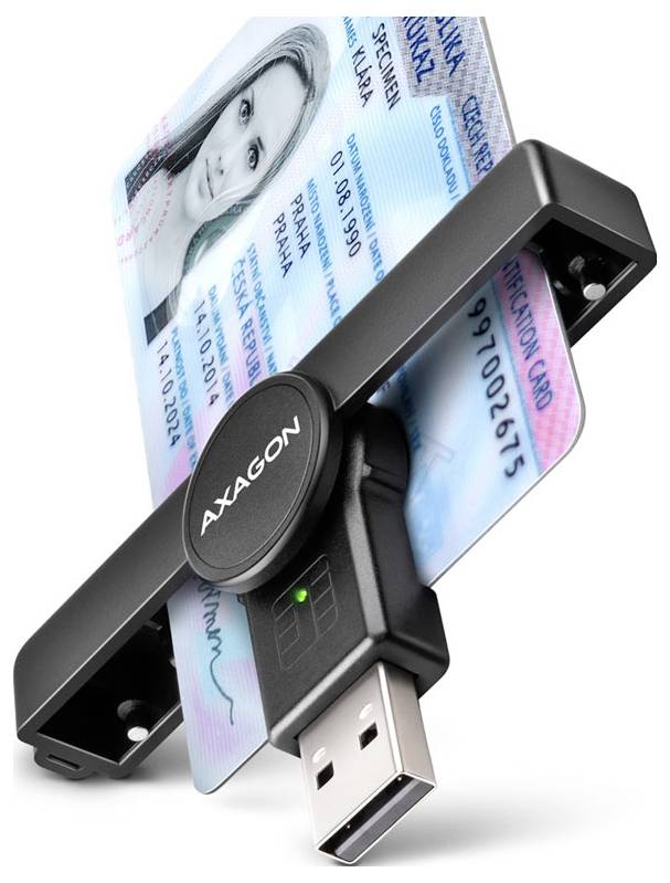 USB čítačka kariet držiaca filipínsky cestovný pas s ID kartou, zobrazujúca zariadenie používané na overovanie totožnosti alebo čítanie údajov z cestovného pasu.