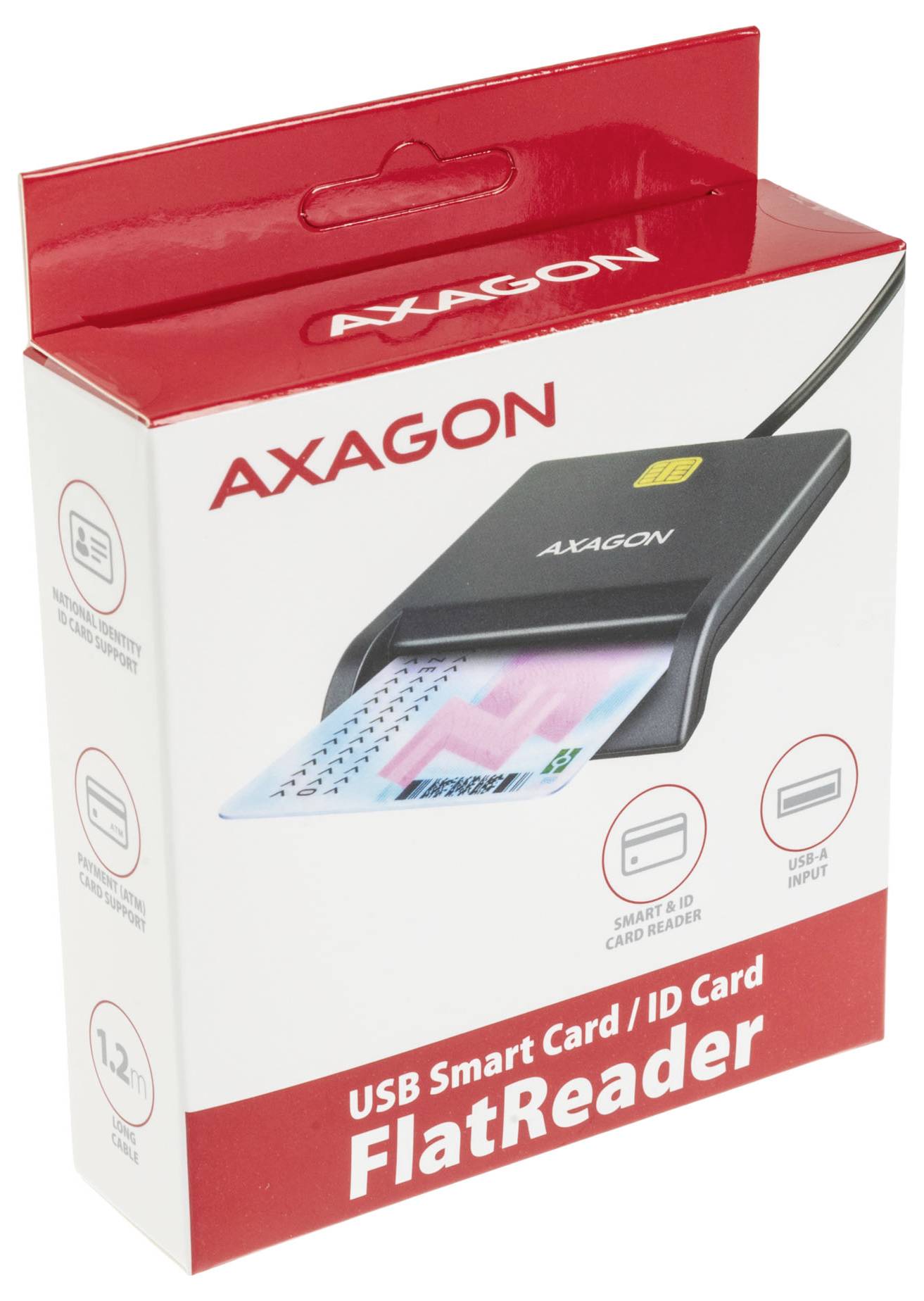 AXAGON USB čítačka inteligentných kariet/ID kariet plochý čítač v maloobchodnom balení s obrázkom produktu a značkou modelu na bielom a červenom balení.
