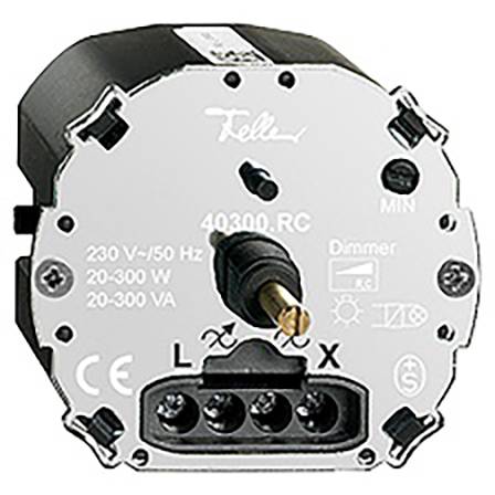 Stmievač model 40300.RC, 230V/50Hz, 20-300W, s pripojeniami vodičov L, X a neutrálnym vodičom, navrhnutý na nastavovanie intenzity osvetlenia.