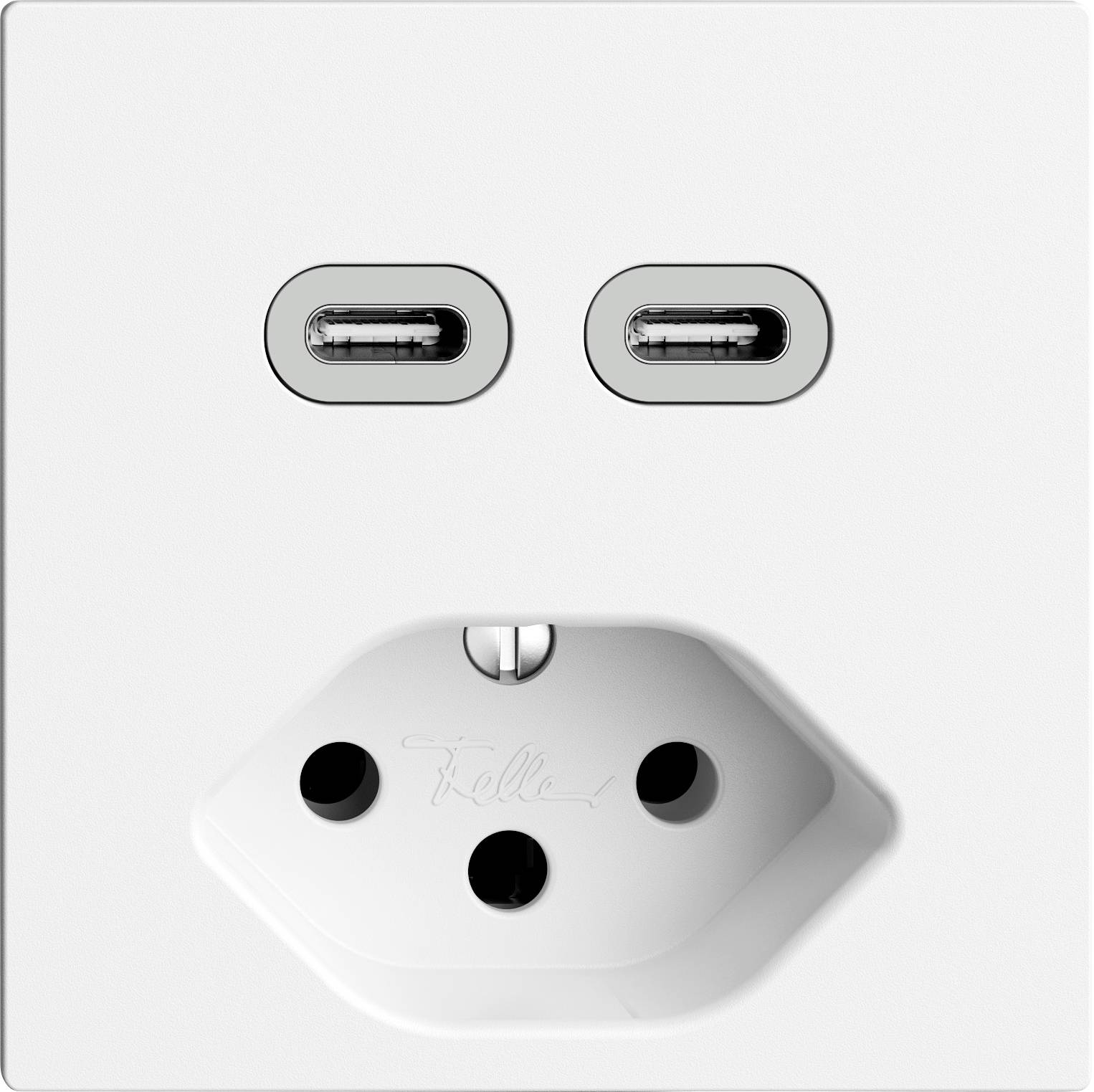 Biela elektrická zásuvka s dvoma USB-C portami nad štandardnou zásuvkou na prúd, vhodná na nabíjanie elektronických zariadení.