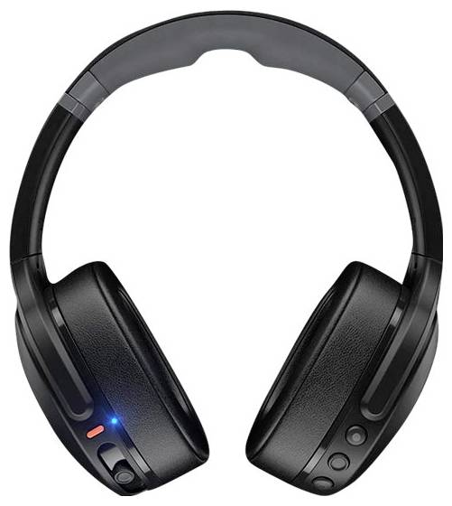 Čierne bezdrôtové slúchadlá so slúchadlami cez uši s čalúneným headbandom a indikátorom LED na ľavom mušli.