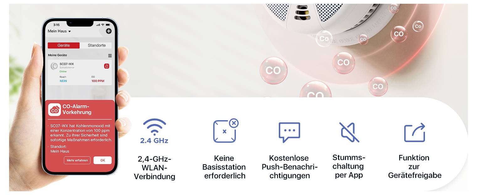 Smartfón zobrazuje aplikáciu CO-alarm s pripojením WIFI; nie je potrebná základňová stanica, push notifikácie, stlmenie, zdieľanie zariadenia.