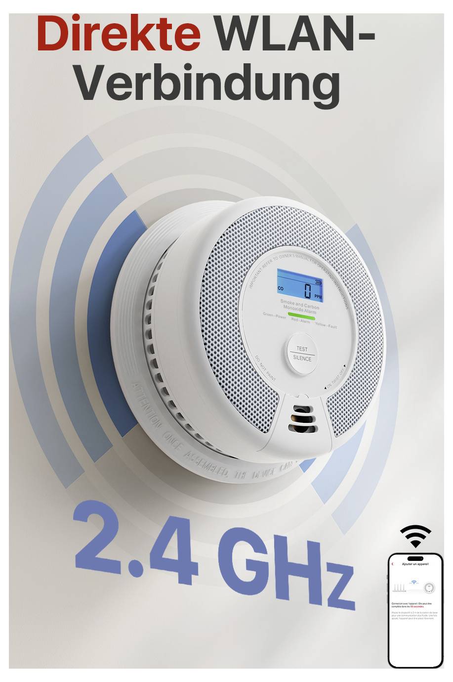 Dymový hlásič s WLAN pripojením zobrazuje "Priame WLAN pripojenie" a "2,4 GHz". Menší obrázok zobrazuje aplikáciu WLAN.