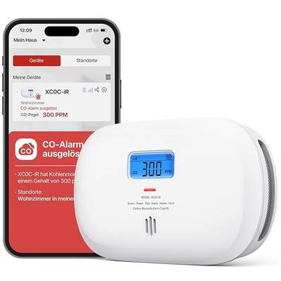 Alarm oxidu uhlíka zobrazuje 300 PPM a vydáva upozornenie cez aplikáciu na obrazovke smartfónu, čo naznačuje zvýšenú hladinu oxidu uhlíka v domácnosti.