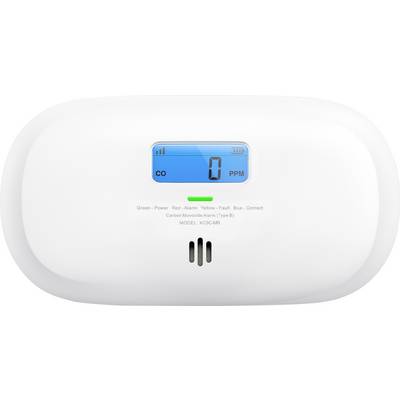 Alarm na oxid uhoľnatý zobrazujúci na digitálnom displeji "CO 0 PPM", čo naznačuje, že bol detegovaný oxid uhoľnatý. Svietiace zelené kontrolné svetlo je zapnuté.