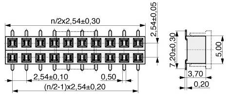 Technický nákres konektora záhlavia s dvoma radmi kolíkov vrátane rozmerov. Zahŕňa merania: 2,54, 0,50, 7,20, 5,00 mm a ďalšie.