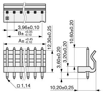 Technický výkres elektronickej súčiastky s rozmermi: šírka 3,96 mm, výška 12,30 mm a rozstup vývodov 10,20 mm. Zobrazené bočné a predné pohľady.