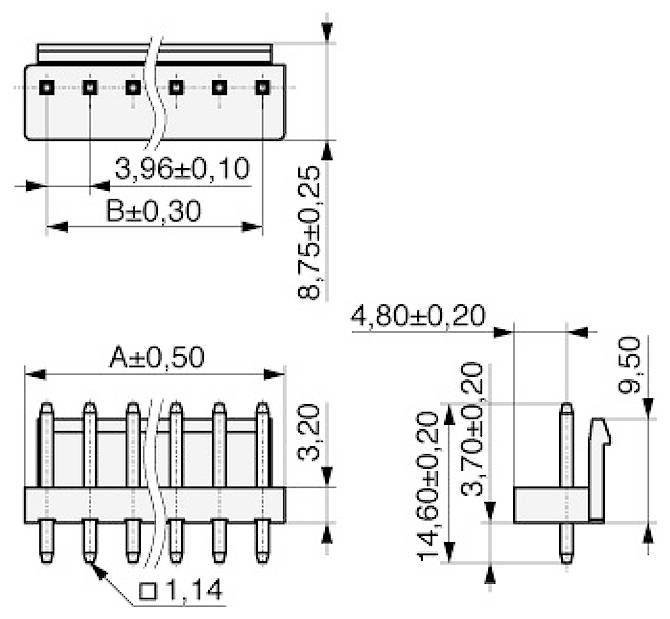 Technický diagram osemspinového konektora s presným rozmerom v milimetroch. Pohľady zhora, zboku a z konca zobrazujú detailné rozmery.