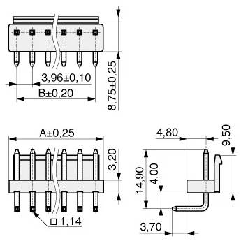 Technický výkres mikročipového komponentu s rozmermi. Pohľady zhora a zboku zobrazujú merania: šírka, výška a rozstup pinov.