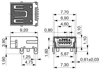 Technický výkres USB konektora zobrazujúci rozmery: výška 3,10 mm, šírka 9,20 mm a rozostup kolíkov. Obsahuje rôzne pohľady zo strán.