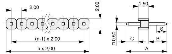 Technický diagram konektora s kolíkmi. Zobrazuje rozmery: 2,00 mm medzi kolíkmi, 1,50 mm dĺžka kolíka, 0,50 mm šírka, s označením A, B, C, S.