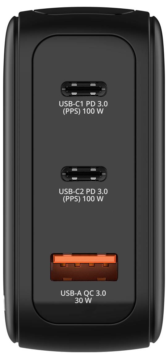 Čierny viacportový nabíjací adaptér s dvoma portami USB-C označenými "USB-C1 PD 3.0 (PPS) 100W" a "USB-C2 PD 3.0 (PPS) 100W" a jedným portom USB-A označeným "USB-A QC 3.0 30W".