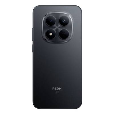 Smartfón s matným čiernym povrchom, ktorý má štvorkamerový systém v štvorcovom module. Na zadnej strane je vytlačený nápis "Redmi 5G".