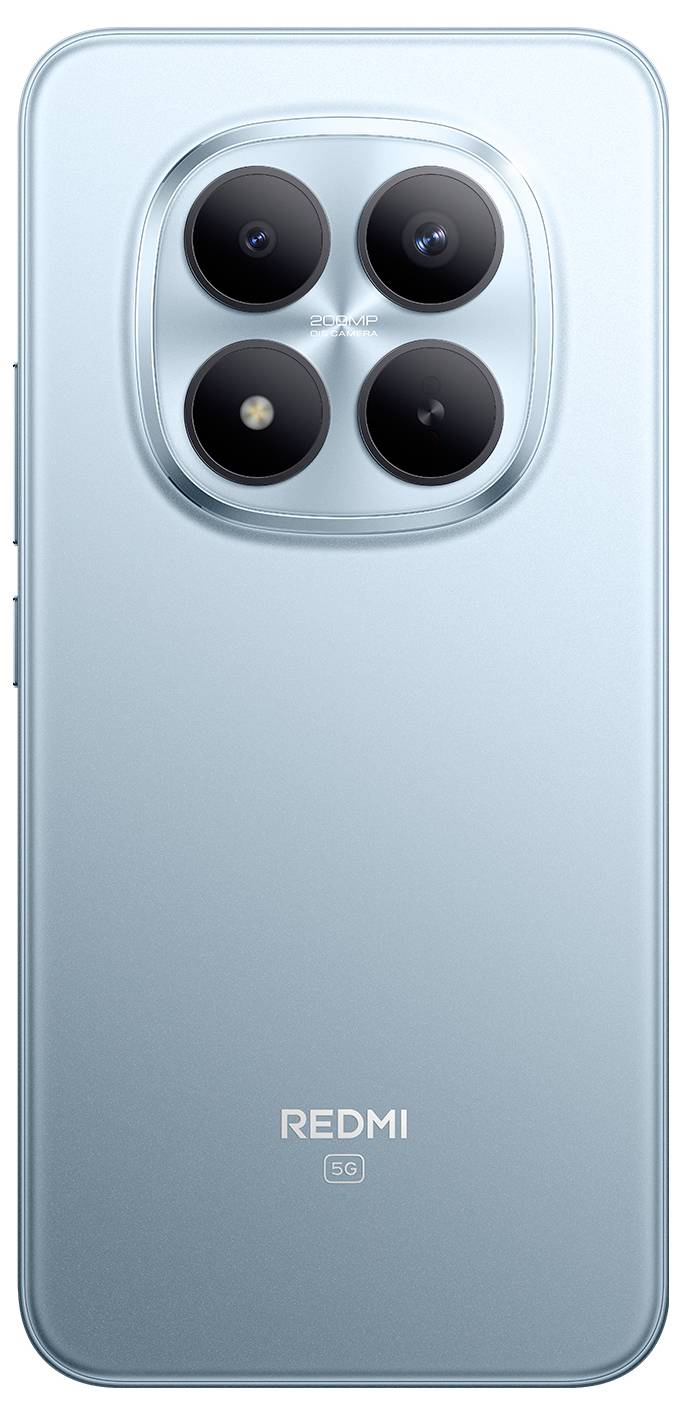 Svetlomodrý smartfón so štyrmi objektívmi fotoaparátu usporiadanými v štvorci na zadnej strane. Pod nimi sú viditeľné značka „Redmi" a logo 5G.