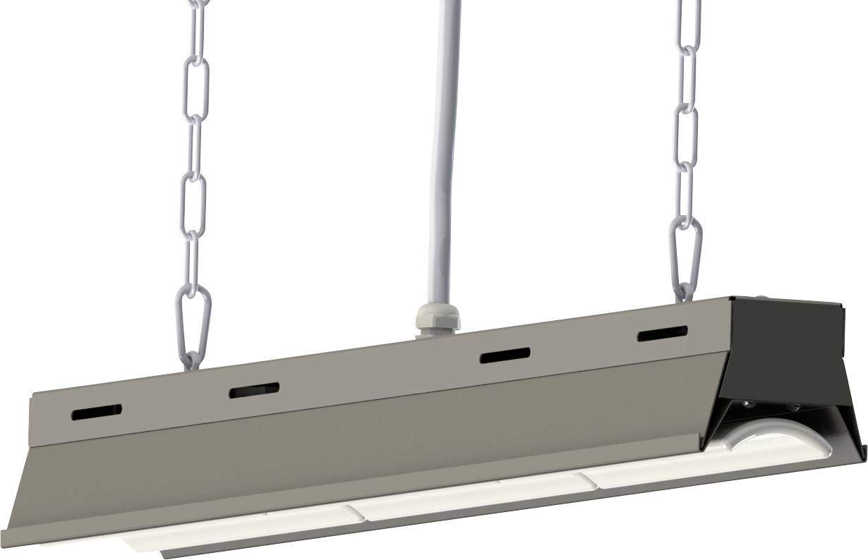 Obdĺžniková LED svetelná armatúra zavesená na reťaziach, vybavená vzdušnými vetracími otvormi a centrálnym elektrickým pripojením, vhodná pre vnútorné prostredia.