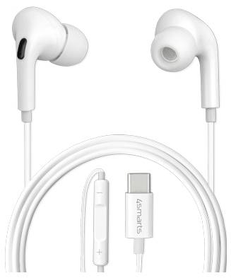 Biele slúchadlá do ucha so silikonových špičkami, konektorom USB-C a ovládacimi prvkami na vedení pre ovládanie hlasitosti. Je viditeľné logo značky "4Smarts".
