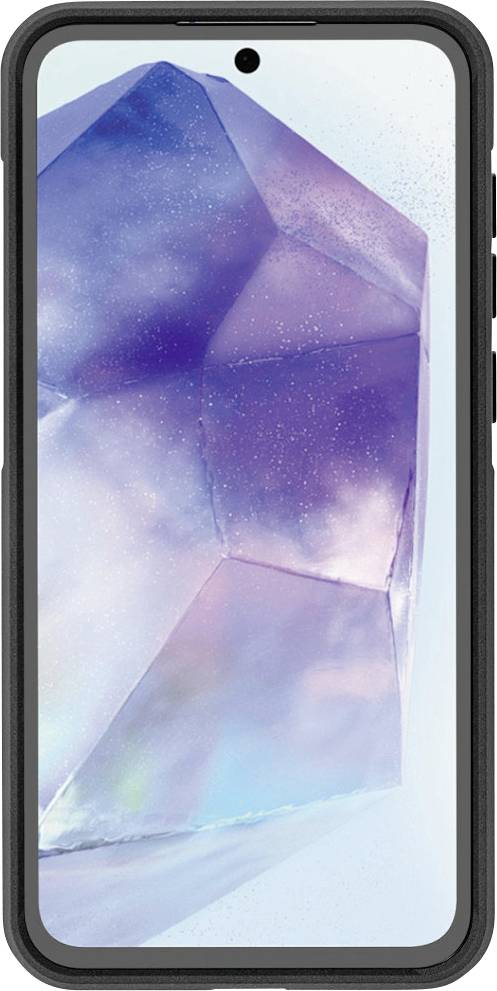 Smartphone s tapetou s motívom kryštálov na displeji, umiestnený v čiernom ochrannom obale.