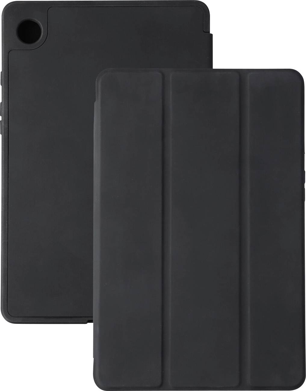 Dva čierne puzdra na tablet v tvare folio, ktoré sa prekrývajú – jedno otvorené s výrezom na kameru a jedno zatvorené, zobrazené na bielom pozadí.