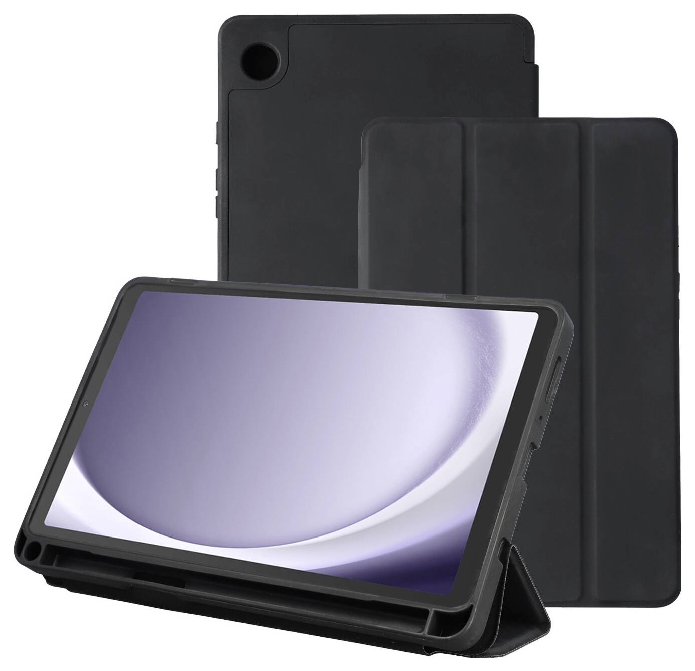 Čierny puzdro na tablet s vstavianým stojanom zobrazené s tabletom v orientácii na šírku, prijaté zobrazenia spredu a zozadu.