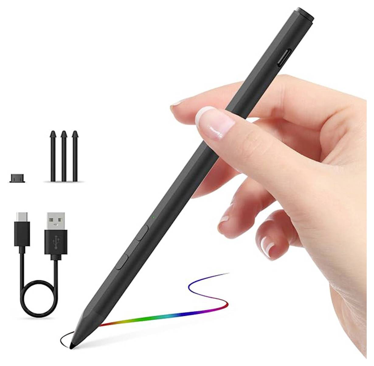 Ruka držiaca čiernu stylus pero s nakreslením dúhového riadka. Vedľa neho sú tri náhradné špičky a kábel na nabíjanie USB.