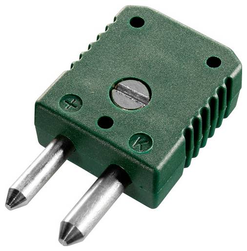 Zelený elektrický adaptér zástrčky s dvoma kovovými kolíkmi a symbolmi pre kladný a záporný pól.