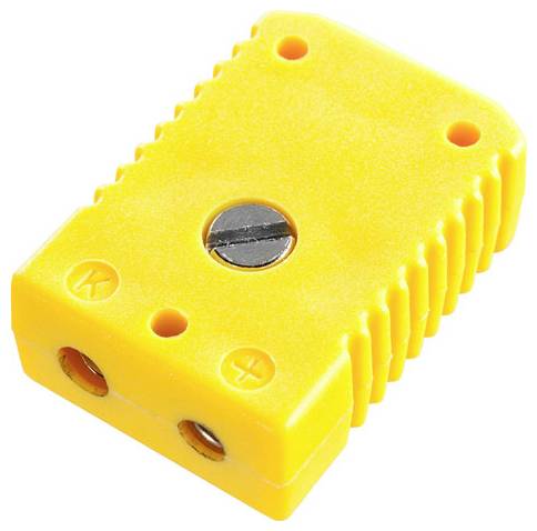 Žltý termoelektrický konektor so stredovým kovovým skrutkom a symbolmi „+" a „−" označujúcimi polaritu.
