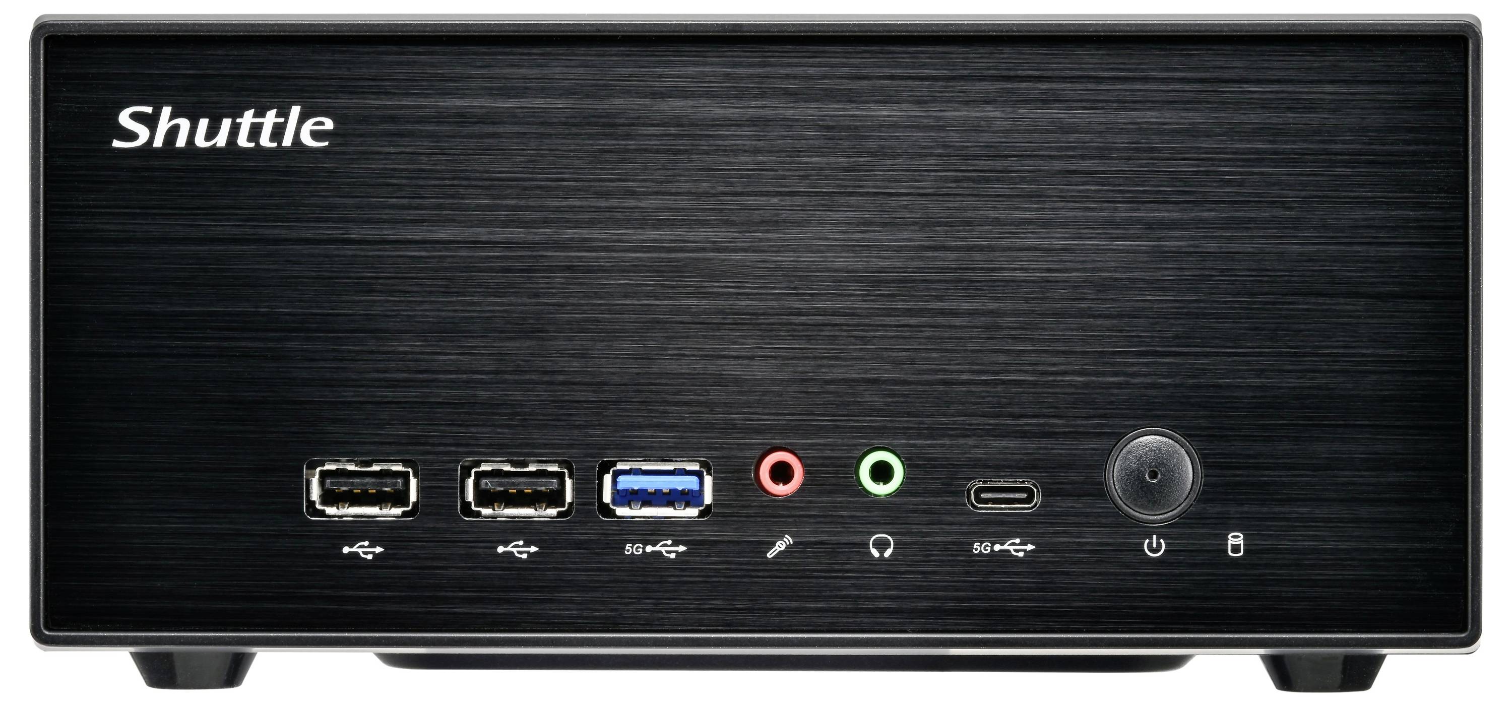 Malé, čierne počítačové puzdro s rôznymi predných portami vrátane USB, zvukových vstupov a tlačidla napájania. Viditeľná je značka "Shuttle".