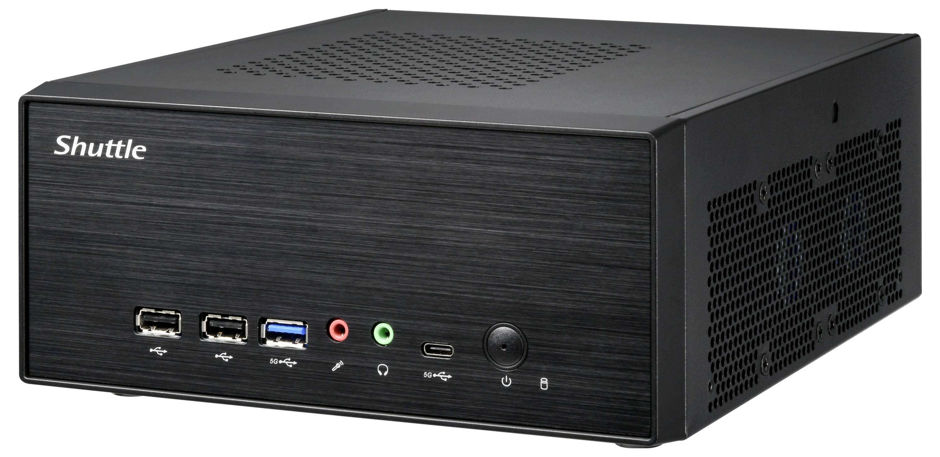 Mini PC Black Shuttle, pohľad spredu s logom, viacerými USB portami a audio jackmi. Kompaktný dizajn s ventilačnými mriežkami.