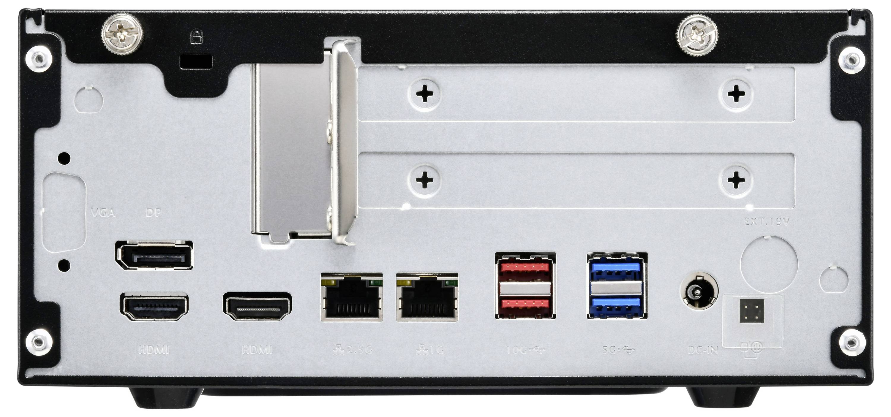 Zadný panel počítača s portami pre HDMI, Ethernet, USB a napájanie.