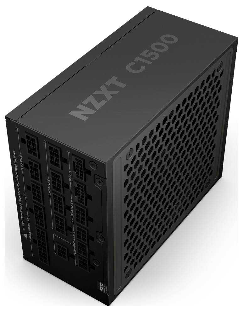 Čierna jednotka napájania NZXT C1500 s viacerými portami a ventilačnou mriežkou, navrhnutá pre vysoko výkonné stolné počítače.