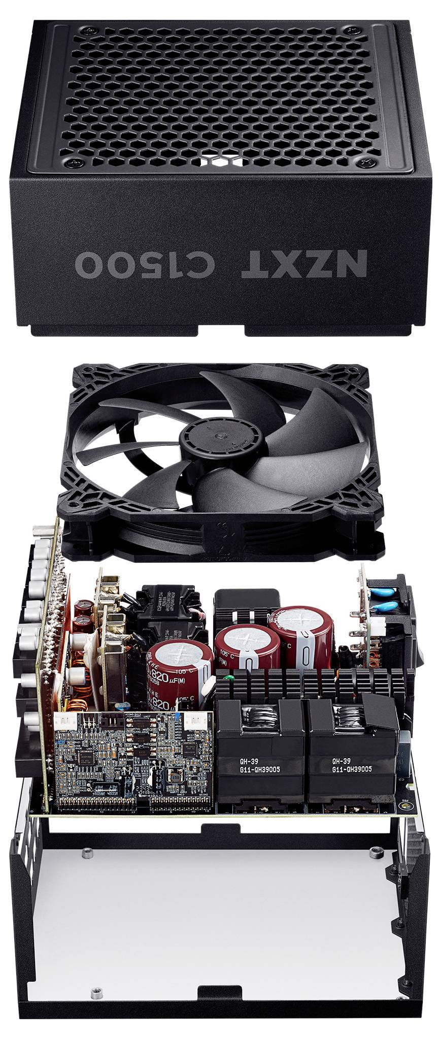 Rozobratá jednotka zdroja energie "NZXT C1500" s viditeľným vonkajším puzdrom, vnútorným ventilátorom a elektronickými komponentmi v jeho vnútri.