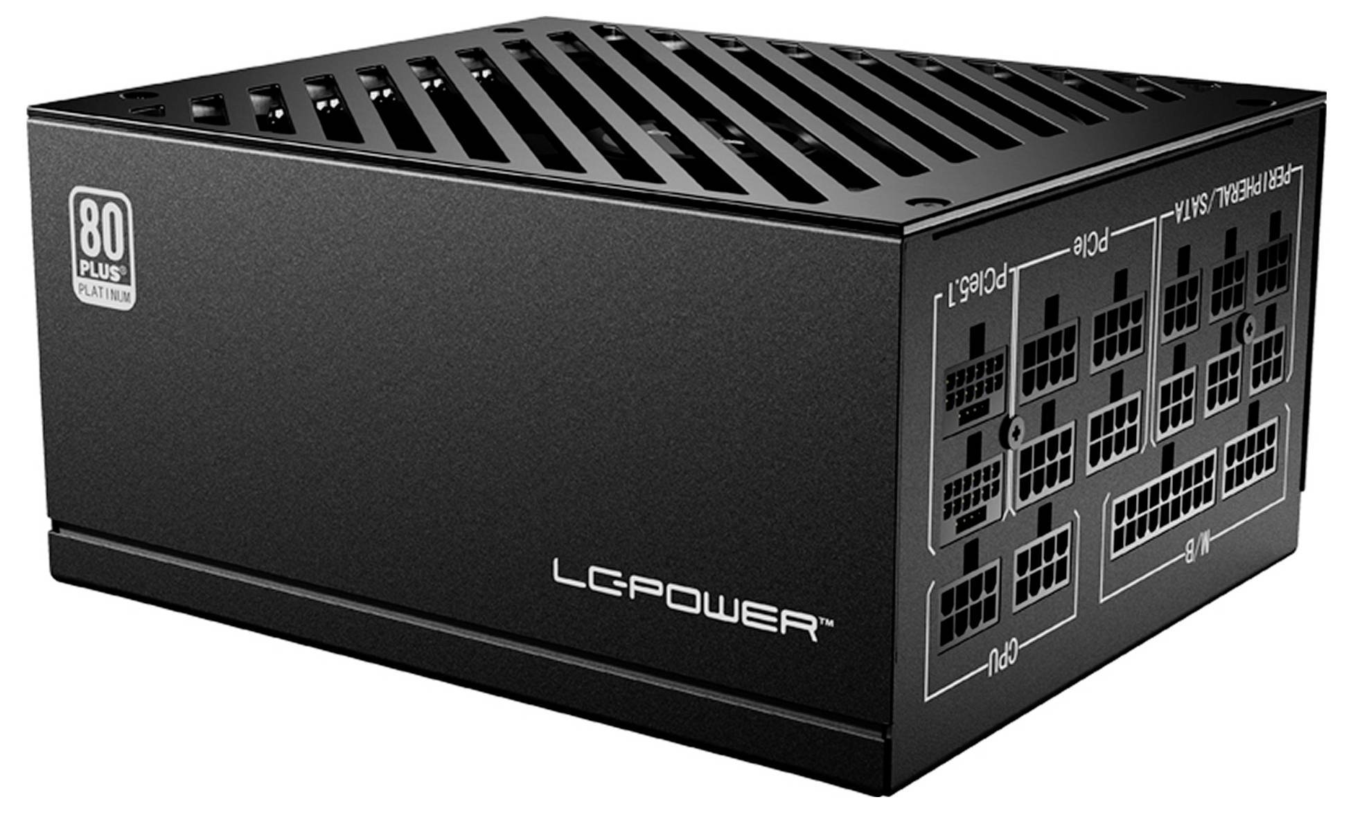 Napájací zdroj 'LC Power', certifikovaný 80 Plus Platinum, čierny s viacerými portami na pripojenie, ventilovaný vrch na chladenie.