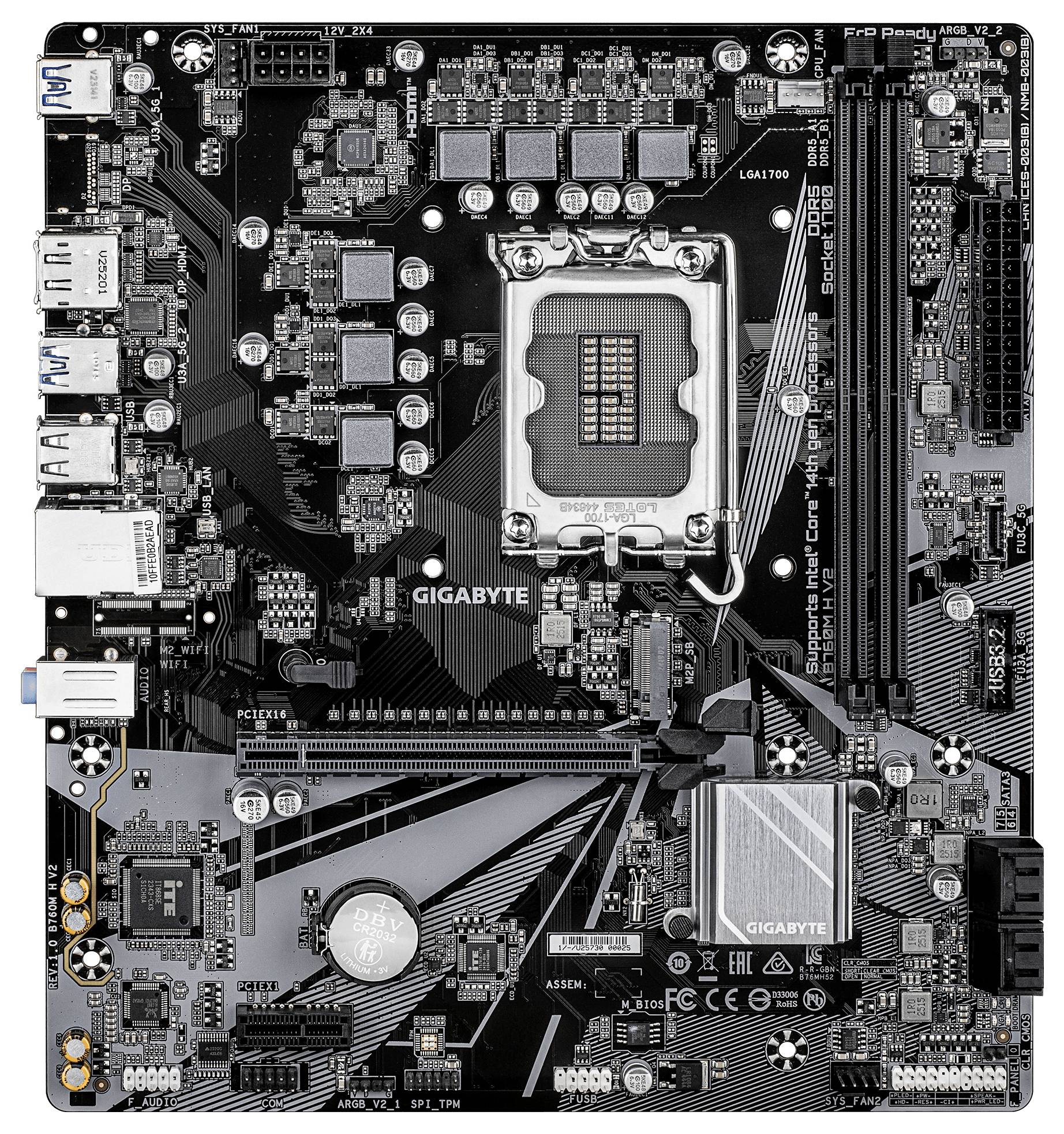 Doska GIGABYTE s viacerými portami pripojenia, chipsetom a soketom. Funkcie zahŕňajú sloty PCIe, sloty RAM a rôzne konektory.