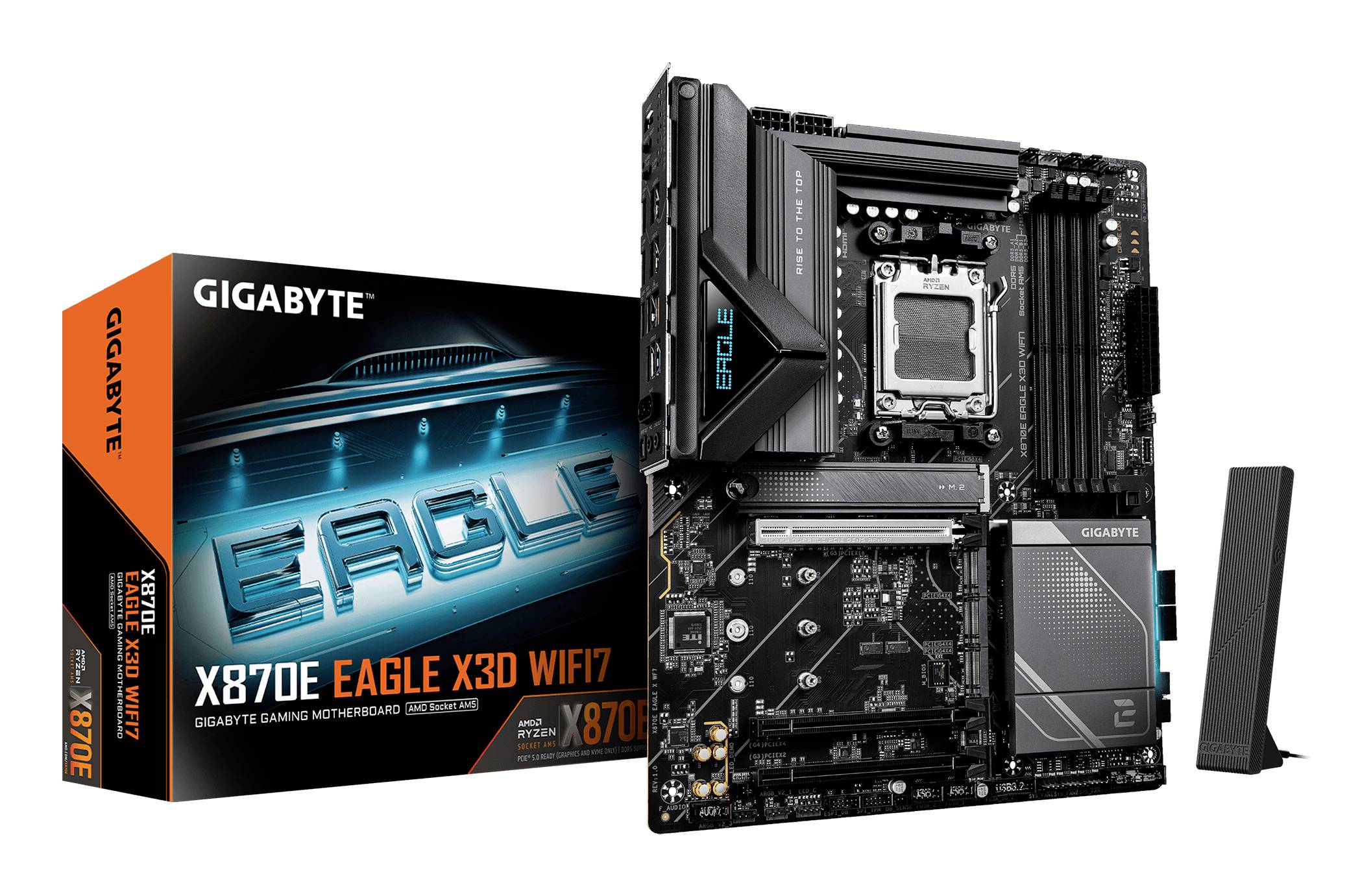 Doska Gigabyte X870E Eagle X3D WiFi7 s balením zdôrazňujúcim pokročilé funkcie a schopnosť WiFi7, určená na hraní hier.