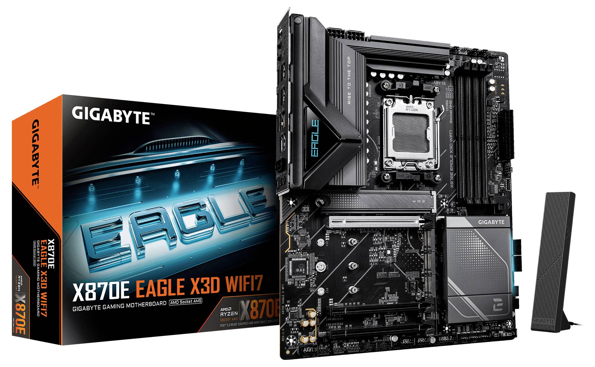 Skrinka Gigabyte X670E AORUS Elite vedľa dosky, ktorá zobrazuje pokročilé chladenie a bezdrôtové schopnosti pre herné použitie.