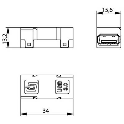 Technický výkres konektora portu USB 3.0, zobrazujúci predný pohľad, bočný pohľad a pohľad zhora s rozmermi 34, 15,6 a 13,2.