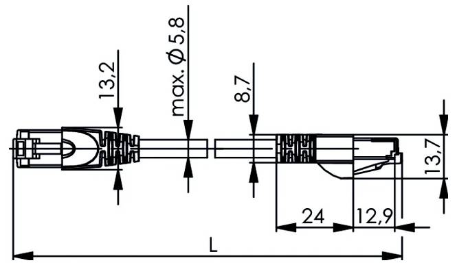 Technický výkres zostavy káblovej konektora zobrazujúci pohľad zboku s rozmermi, vrátane max. Ø5,8, 13,2, 8,7, 13,7, 24, 12,9 a celkovej dĺžky L.