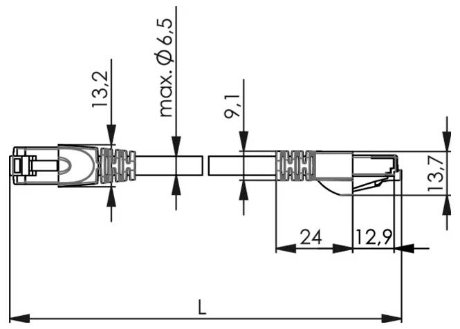 Technický výkres konektora v pravom uhle s šípkami rozmerov označenými 13,2, max. Ø6,5, 9,1, 24, 12,9, 13,7 a celkovou dĺžkou L.
