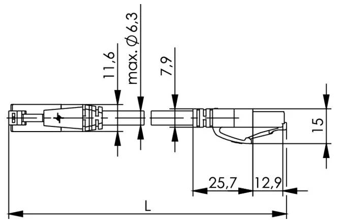 Technický výkres konektora kábla zobrazujúci rozmery, vrátane max. Ø6,3, 11,6, 7,9, 15, 25,7, 12,9 a celkovej dĺžky L.