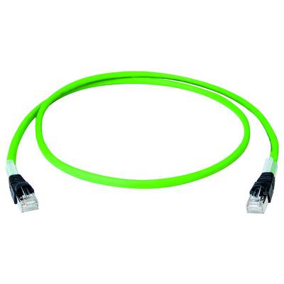 Jasne zelený Ethernet kábel s konektormi RJ45 na oboch koncoch, zvinutý na bielom pozadí.