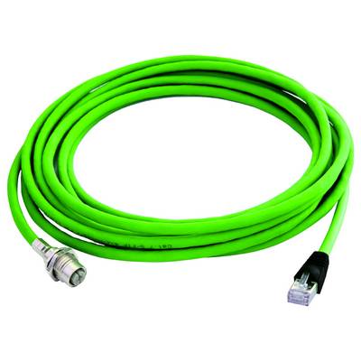 Svetlozelený kábel Ethernet navínutý s kovovým konektorom na jednom konci a zásuvkou RJ45 na druhom konci