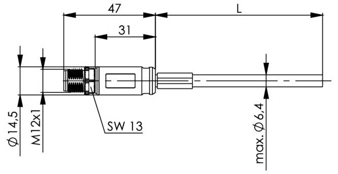 Technický výkres valcovitého konektora s káblom, s uvedením kľúčových rozmerov 47, 31, SW 13, M12x1, priemer 14,5 a max káblom Ø6,4.