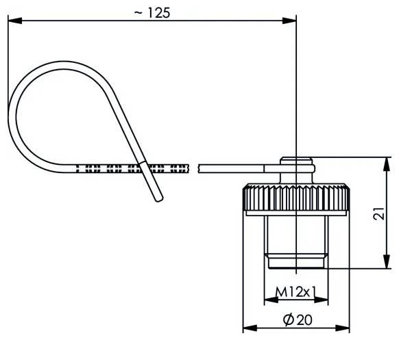 Technický výkres zdvihového čapu so slučkou rukoväte a závitovaným hriadeľom s rozmermi: 125 mm dĺžka, 21 mm výška, M12x1 závit a 20 mm priemer.
