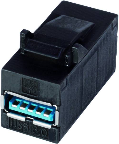 Zblízka čierna USB 3.0 zásuvka s adaptérom s modrými konektorovými portami.
