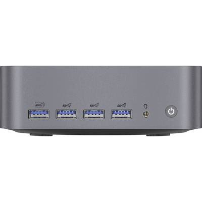 Predný panel malého počítača s čtyroma portami USB-A, jack konektorom pre slúchadlá a okrúhlym tlačidlom napájania na pravej strane.