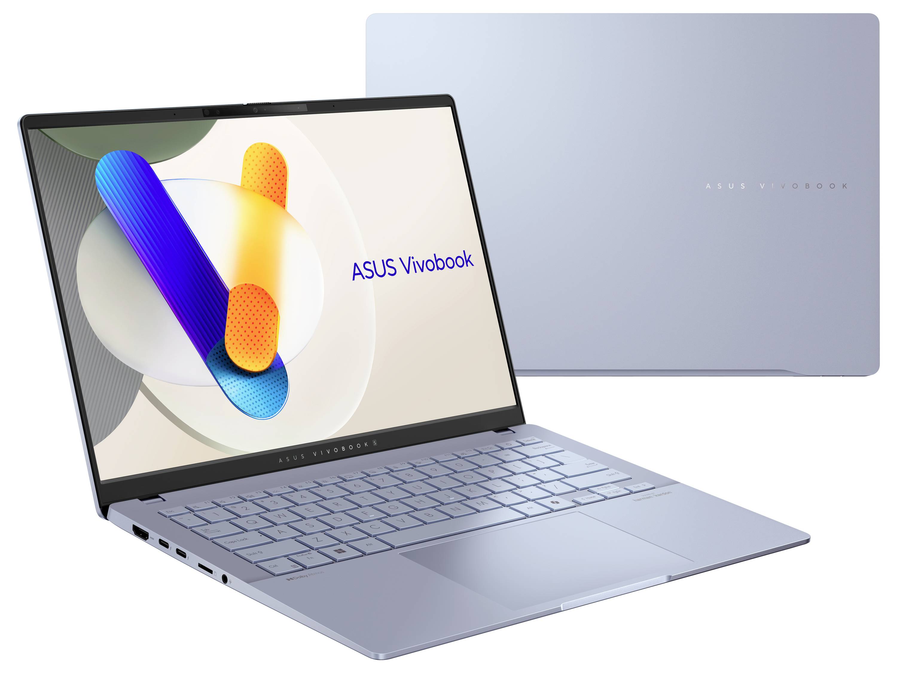 Prenosný počítač „ASUS Vivobook" zobrazený otvorený s farebným dizajnom obrazovky, zdôrazňujúci tenký dizajn a svetlomodrý kryt.
