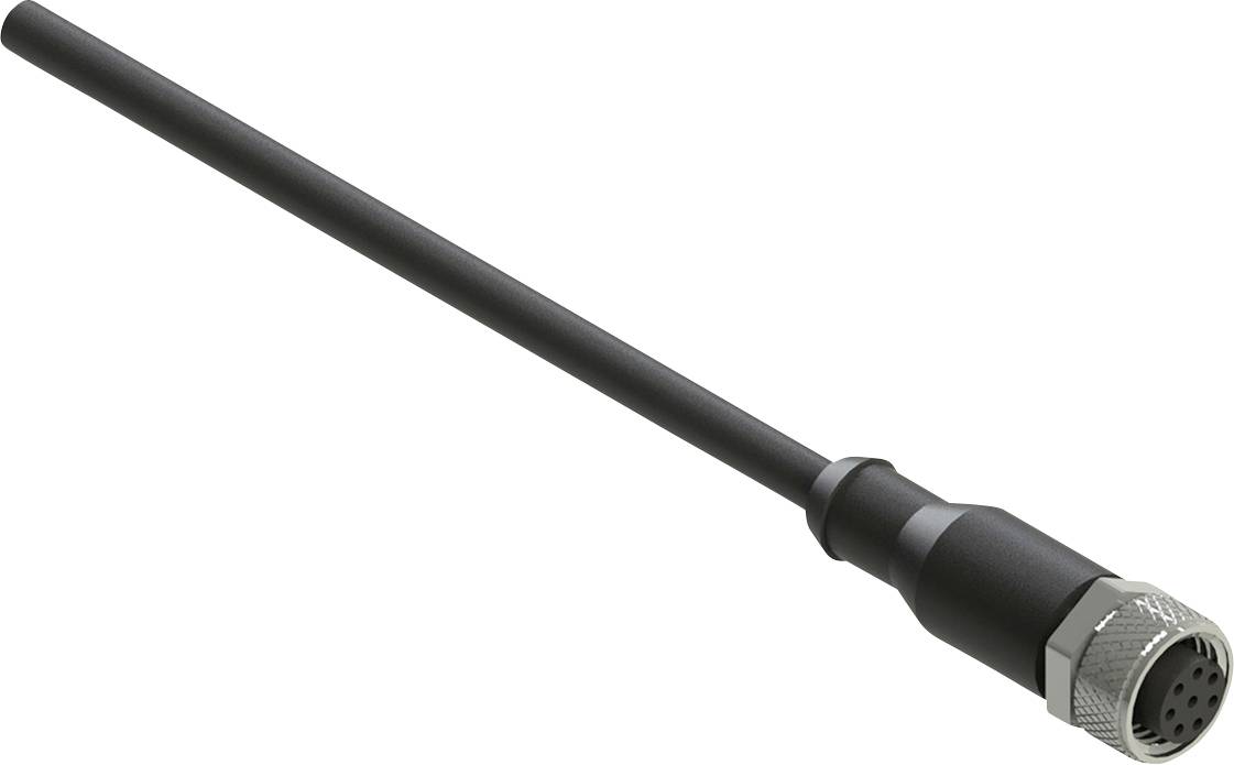 Dlhý, tenký čierny kovový konektor s valcovitým koncom vybaveným viacerými malými kolíkmi, používaný na elektronické spoje.
