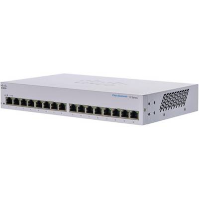 Sieťový prepínač Cisco Business 110 Series so šestnástimi portami Ethernet je zobrazený. Je navrhnutý na obchodné sieťové úlohy a úlohy správy údajov.