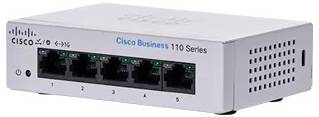 Cisco Business 110 Series 5-portový ethernetový prepínač, s predným panelom obsahujúcim päť číslovaných sieťových portov a značkou Cisco.
